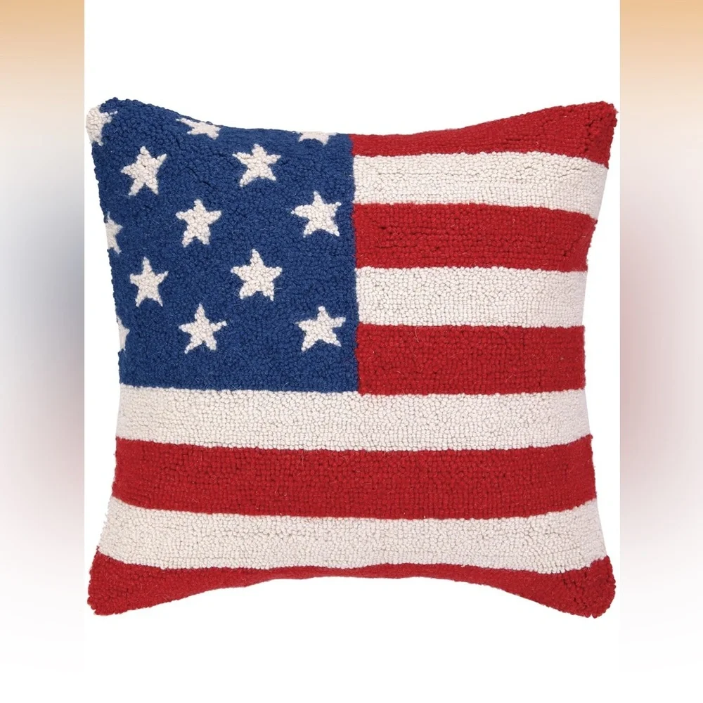 NEW PEKING HANDICRAFT usa american flag hook pillow in red, white and blue
